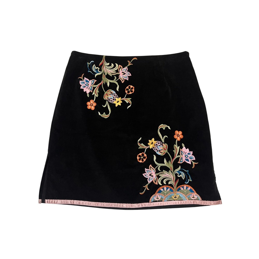 Black Corduroy Floral Embroidered Pink Trim Side Slit Boho Mini Skirt Size M